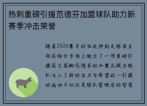 热刺重磅引援范德芬加盟球队助力新赛季冲击荣誉